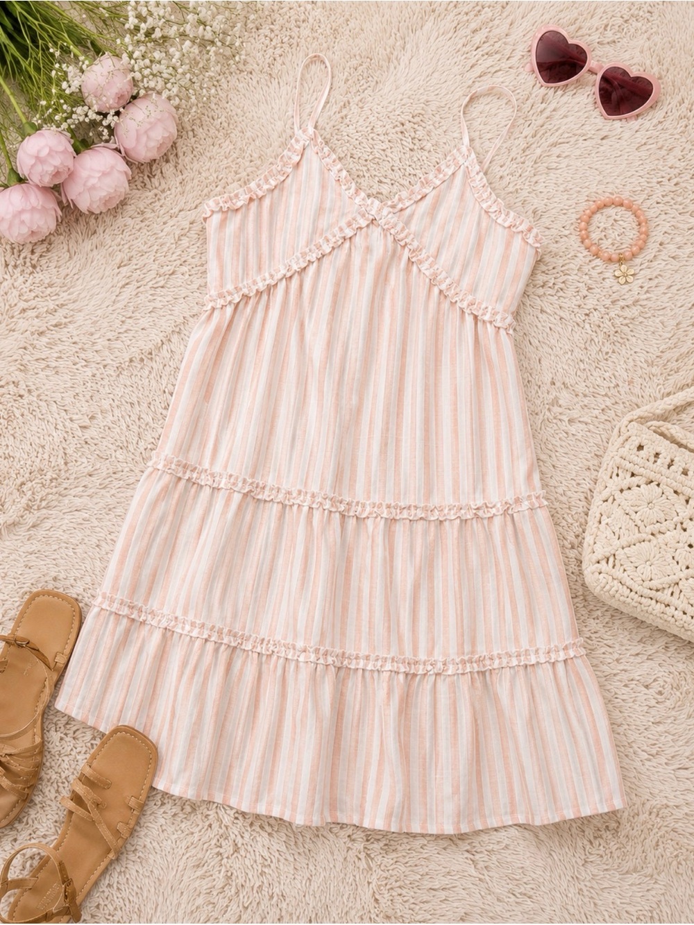Girls' Pink Striped Spaghetti Strap Dress